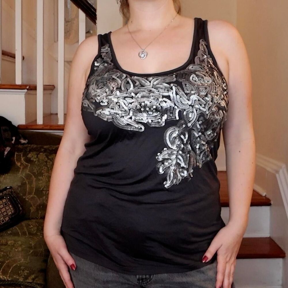 Express Gray Silver Sequin Design Top Sz Medium Embellished Sequence Tank Party
